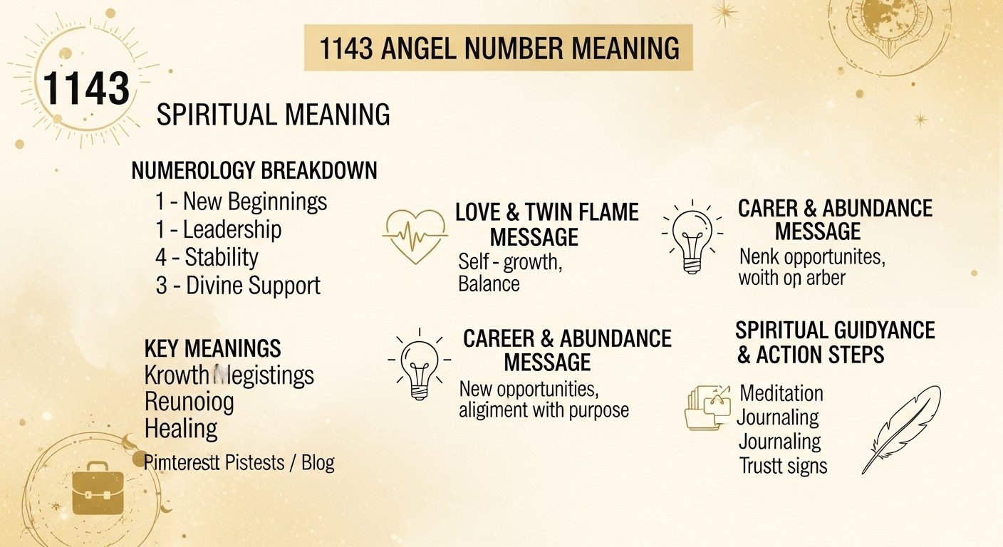 Infographic showing the spiritual and numerological meaning of 1143 angel number — highlighting growth, purpose, manifestation, healing, twin flame message, and career guidance with golden celestial design and minimal icons.”